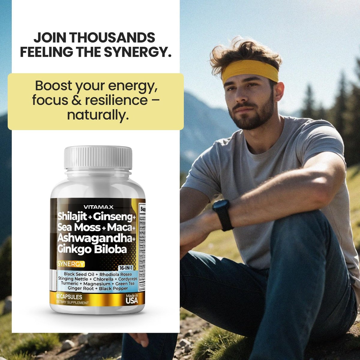Vitamax Reines Himalaya-Shilajit-Präparat mit Ashwagandha, Seemoos, Rhodiola Rosea und Ginkgo Biloba – Fulvinsäure- und Spurenemineral-Kapseln für Männer und Frauen – Hergestellt in den USA