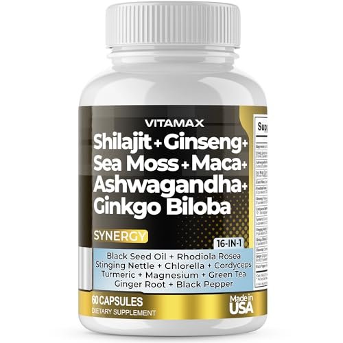 Vitamax Reines Himalaya-Shilajit-Präparat mit Ashwagandha, Seemoos, Rhodiola Rosea und Ginkgo Biloba – Fulvinsäure- und Spurenemineral-Kapseln für Männer und Frauen – Hergestellt in den USA