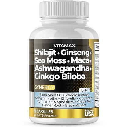 Vitamax Reines Himalaya-Shilajit-Präparat mit Ashwagandha, Seemoos, Rhodiola Rosea und Ginkgo Biloba – Fulvinsäure- und Spurenemineral-Kapseln für Männer und Frauen – Hergestellt in den USA