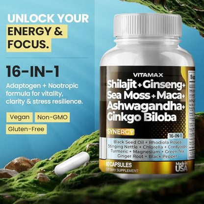 Vitamax Reines Himalaya-Shilajit-Präparat mit Ashwagandha, Seemoos, Rhodiola Rosea und Ginkgo Biloba – Fulvinsäure- und Spurenemineral-Kapseln für Männer und Frauen – Hergestellt in den USA