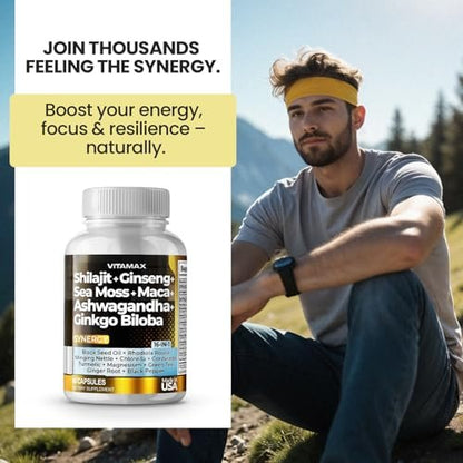 Vitamax Reines Himalaya-Shilajit-Präparat mit Ashwagandha, Seemoos, Rhodiola Rosea und Ginkgo Biloba – Fulvinsäure- und Spurenemineral-Kapseln für Männer und Frauen – Hergestellt in den USA