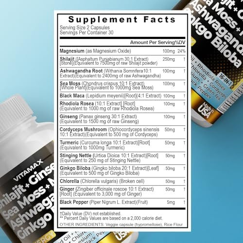 Vitamax Reines Himalaya-Shilajit-Präparat mit Ashwagandha, Seemoos, Rhodiola Rosea und Ginkgo Biloba – Fulvinsäure- und Spurenemineral-Kapseln für Männer und Frauen – Hergestellt in den USA