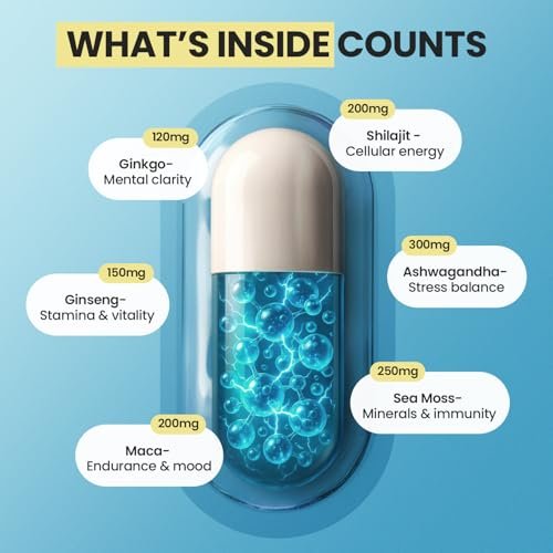 Vitamax Reines Himalaya-Shilajit-Präparat mit Ashwagandha, Seemoos, Rhodiola Rosea und Ginkgo Biloba – Fulvinsäure- und Spurenemineral-Kapseln für Männer und Frauen – Hergestellt in den USA