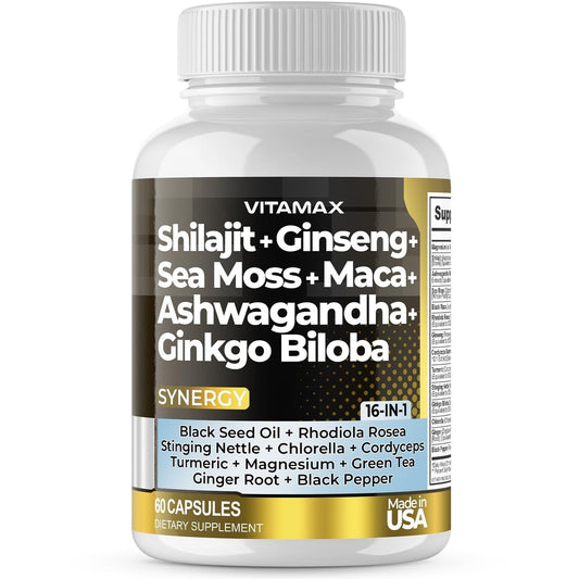 Vitamax Reines Himalaya-Shilajit-Präparat mit Ashwagandha, Seemoos, Rhodiola Rosea und Ginkgo Biloba – Fulvinsäure- und Spurenemineral-Kapseln für Männer und Frauen – Hergestellt in den USA