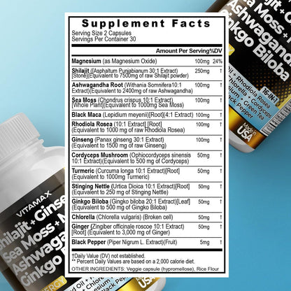 Vitamax Reines Himalaya-Shilajit-Präparat mit Ashwagandha, Seemoos, Rhodiola Rosea und Ginkgo Biloba – Fulvinsäure- und Spurenemineral-Kapseln für Männer und Frauen – Hergestellt in den USA
