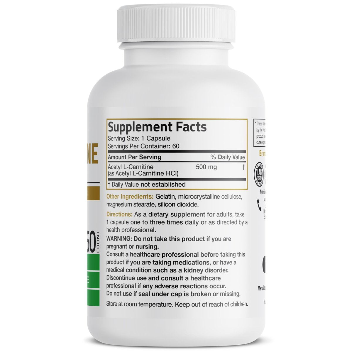 Bronson Acetyl-L-Carnitin 500 mg – Hochdosierte Aminosäure, Non-GMO, 60 Kapseln