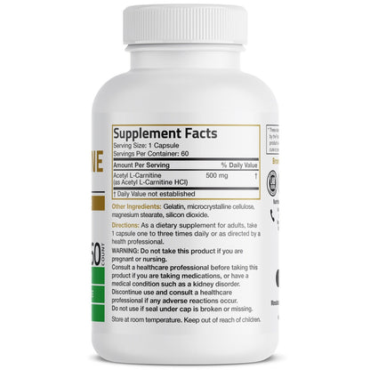 Bronson Acetyl-L-Carnitin 500 mg – Hochdosierte Aminosäure, Non-GMO, 60 Kapseln