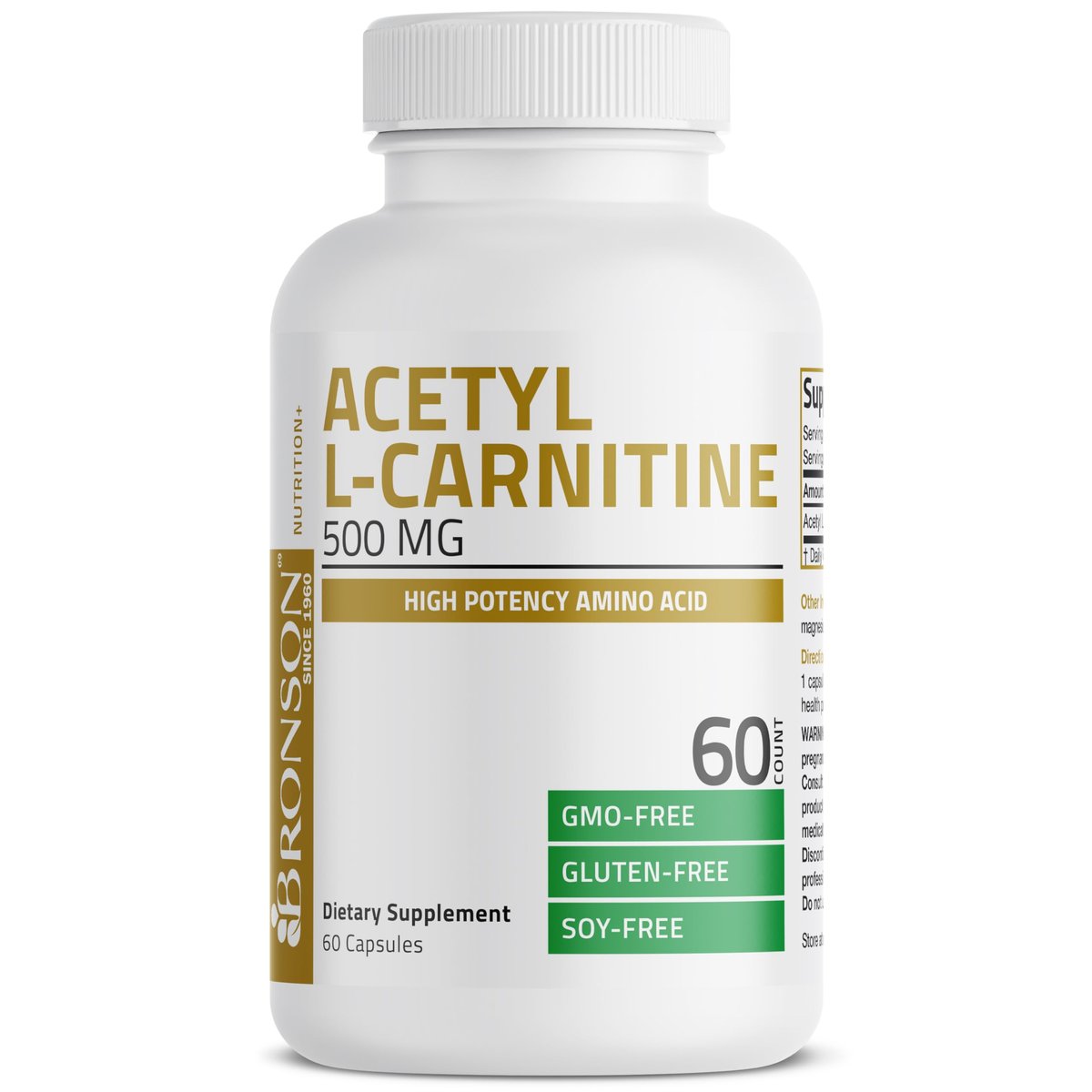 Bronson Acetyl-L-Carnitin 500 mg – Hochdosierte Aminosäure, Non-GMO, 60 Kapseln