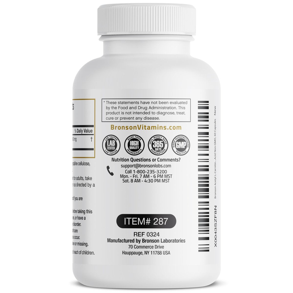 Bronson Acetyl-L-Carnitin 500 mg – Hochdosierte Aminosäure, Non-GMO, 60 Kapseln