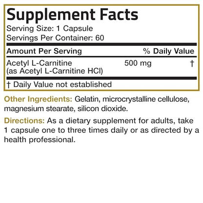 Bronson Acetyl-L-Carnitin 500 mg – Hochdosierte Aminosäure, Non-GMO, 60 Kapseln