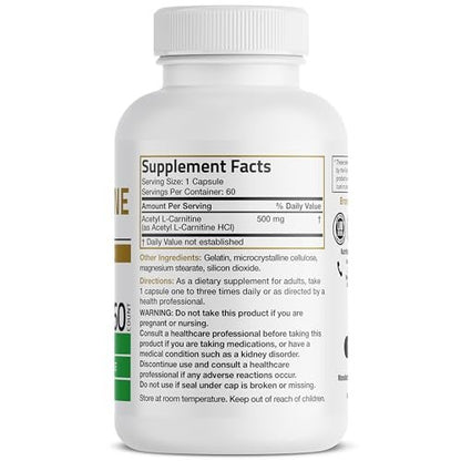 Bronson Acetyl-L-Carnitin 500 mg – Hochdosierte Aminosäure, Non-GMO, 60 Kapseln