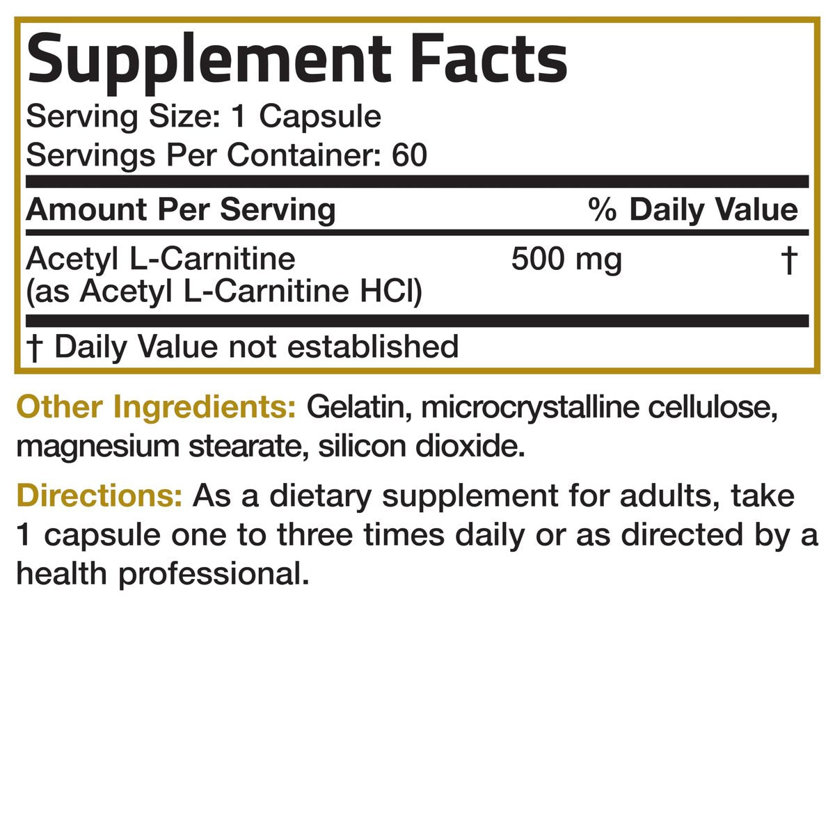 Bronson Acetyl-L-Carnitin 500 mg – Hochdosierte Aminosäure, Non-GMO, 60 Kapseln