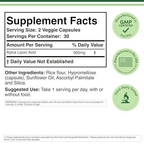 Alpha-Liponsäure 600mg pro Portion, 60 Kapseln (Drittgeprüft, Nicht-GVO, Glutenfrei, Vegan) Zelluläre Energieunterstützung (ALA Nahrungsergänzungsmittel) von Double Wood
