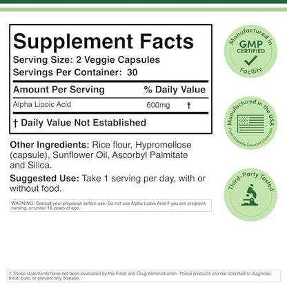Alpha-Liponsäure 600mg pro Portion, 60 Kapseln (Drittgeprüft, Nicht-GVO, Glutenfrei, Vegan) Zelluläre Energieunterstützung (ALA Nahrungsergänzungsmittel) von Double Wood