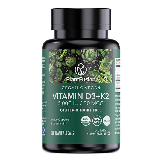 PlantFusion Organisches Veganes Vitamin D3 + K2 5.000 IE, 50 µg – Vitamin D aus pflanzlicher Flechte und Vitamin K2 für Immununterstützung und Knochengesundheit – 60 Kapseln