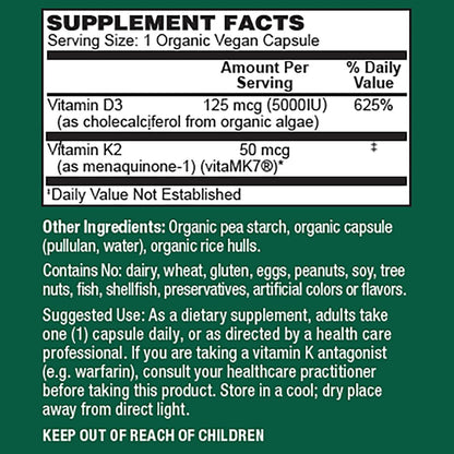 PlantFusion Organisches Veganes Vitamin D3 + K2 5.000 IE, 50 µg – Vitamin D aus pflanzlicher Flechte und Vitamin K2 für Immununterstützung und Knochengesundheit – 60 Kapseln
