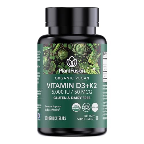PlantFusion Organisches Veganes Vitamin D3 + K2 5.000 IE, 50 µg – Vitamin D aus pflanzlicher Flechte und Vitamin K2 für Immununterstützung und Knochengesundheit – 60 Kapseln