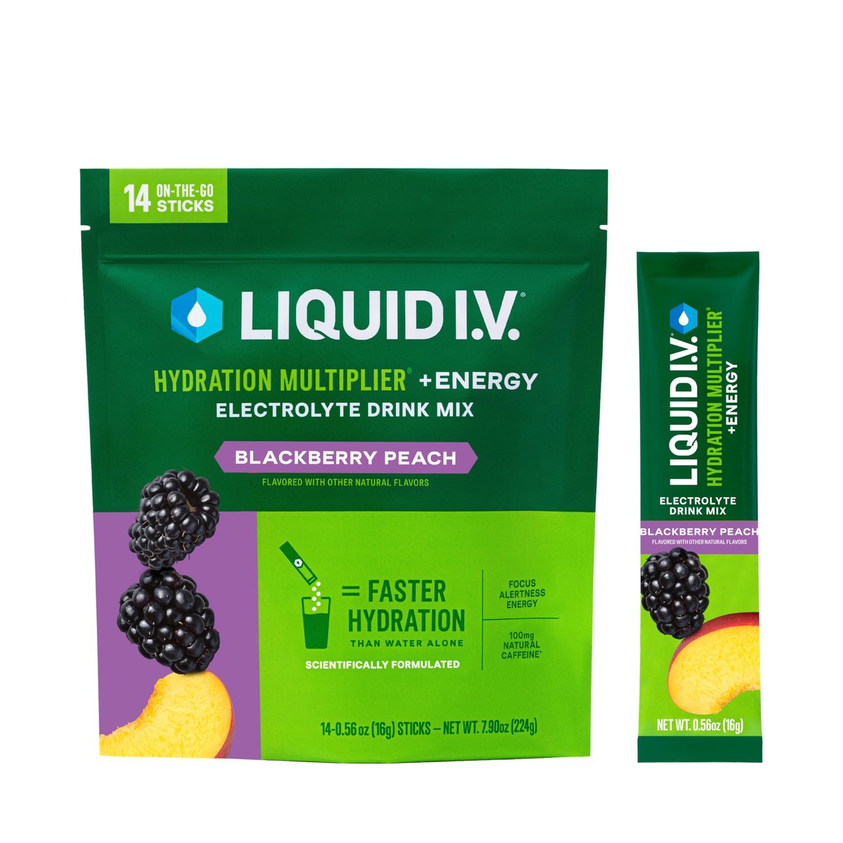 Liquid I.V.® Hydration Multiplier +Energy – Blackberry | Peach – Elektrolyt-Pulvergetränk – 1 Packung (14 Portionen)