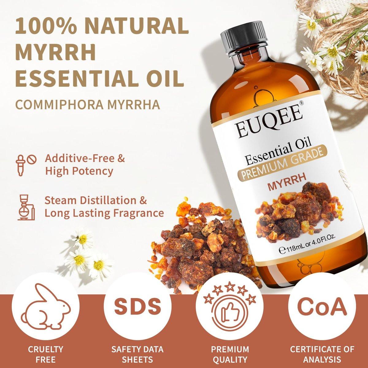 EUQEE Myrrhe-Ätherisches Öl, Premium Myrrhe Öl mit Glaspipette für Aromatherapie, Diffuser, Seifen- und Kerzenherstellung - 118 ml