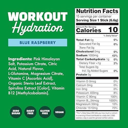 Waterboy Workout Hydration | 2.960 mg Zuckerfreies Elektrolyt-Pulver mit L-Glutamin & Vitaminen | Kein Zucker, natürlich, glutenfrei | 15 Trinkmischungen (Blaue Himbeere)