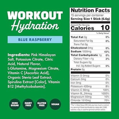 Waterboy Workout Hydration | 2.960 mg Zuckerfreies Elektrolyt-Pulver mit L-Glutamin & Vitaminen | Kein Zucker, natürlich, glutenfrei | 15 Trinkmischungen (Blaue Himbeere)