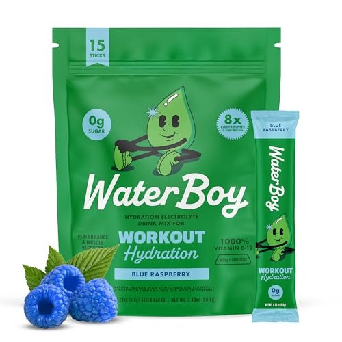 Waterboy Workout Hydration | 2.960 mg Zuckerfreies Elektrolyt-Pulver mit L-Glutamin & Vitaminen | Kein Zucker, natürlich, glutenfrei | 15 Trinkmischungen (Blaue Himbeere)