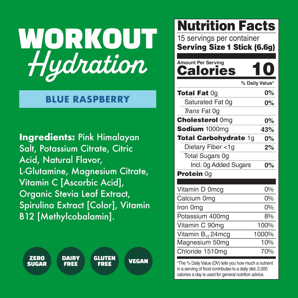 Waterboy Workout Hydration | 2.960 mg Zuckerfreies Elektrolyt-Pulver mit L-Glutamin & Vitaminen | Kein Zucker, natürlich, glutenfrei | 15 Trinkmischungen (Blaue Himbeere)