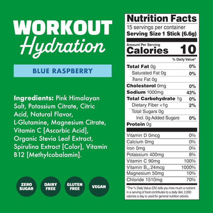 Waterboy Workout Hydration | 2.960 mg Zuckerfreies Elektrolyt-Pulver mit L-Glutamin & Vitaminen | Kein Zucker, natürlich, glutenfrei | 15 Trinkmischungen (Blaue Himbeere)