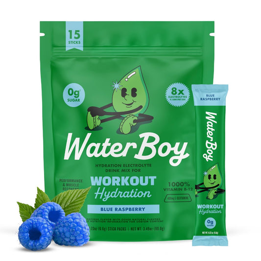 Waterboy Workout Hydration | 2.960 mg Zuckerfreies Elektrolyt-Pulver mit L-Glutamin & Vitaminen | Kein Zucker, natürlich, glutenfrei | 15 Trinkmischungen (Blaue Himbeere)