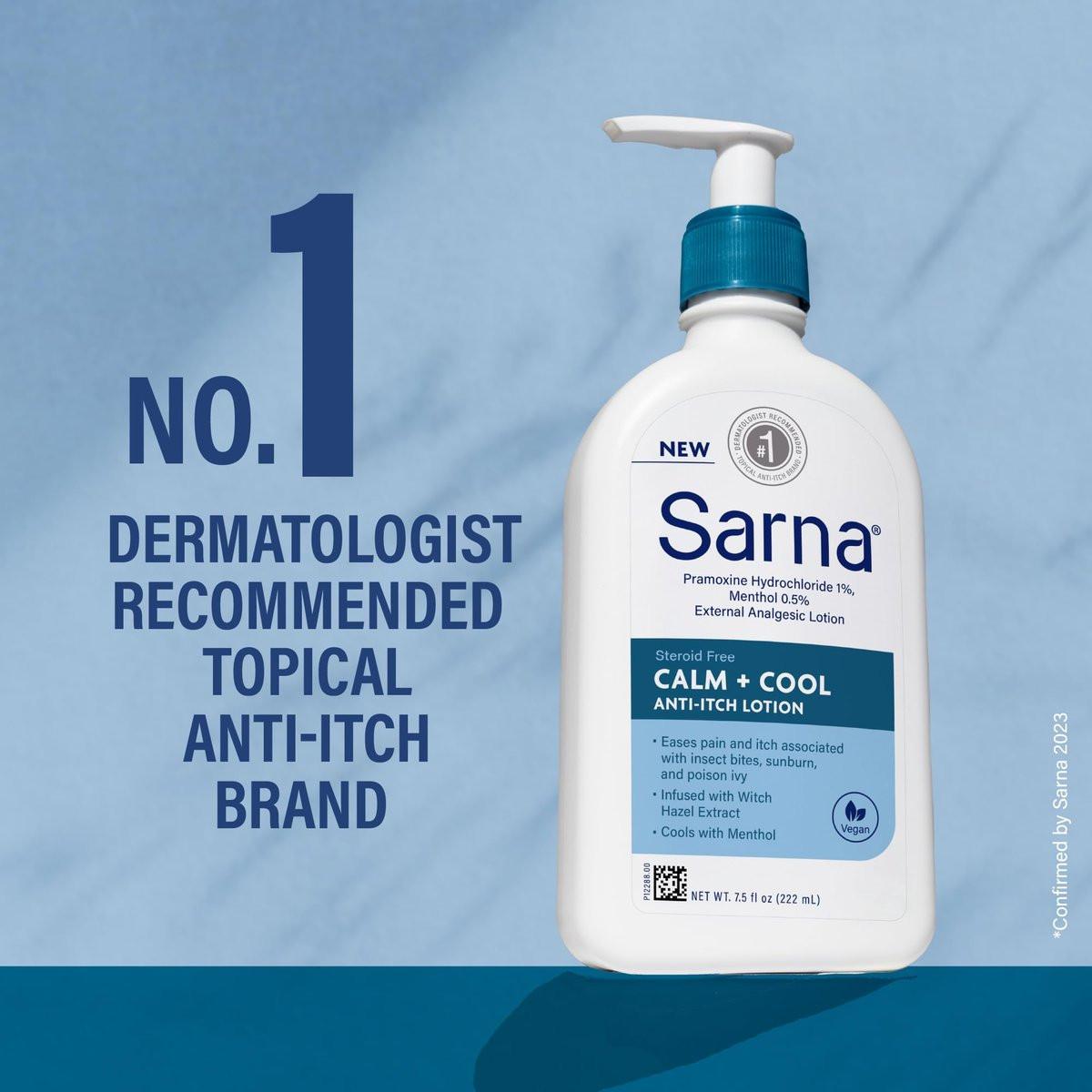 Sarna Calm and Cool Anti-Juckreiz-Lotion – Lindert und beruhigt Juckreiz und Schmerzen durch Insektenstiche, Sonnenbrand, Giftefeu – mit 1% Pramoxin-Hydrochlorid, 0,5% Menthol – vegan, steroidfrei – 213 ml