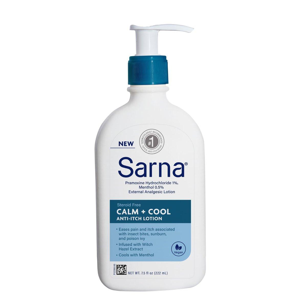 Sarna Calm and Cool Anti-Juckreiz-Lotion – Lindert und beruhigt Juckreiz und Schmerzen durch Insektenstiche, Sonnenbrand, Giftefeu – mit 1% Pramoxin-Hydrochlorid, 0,5% Menthol – vegan, steroidfrei – 213 ml