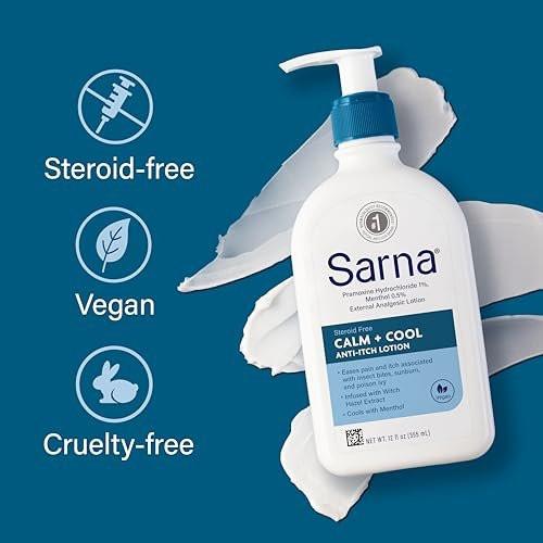 Sarna Calm and Cool Anti-Juckreiz-Lotion – Lindert und beruhigt Juckreiz und Schmerzen durch Insektenstiche, Sonnenbrand, Giftefeu – mit 1% Pramoxin-Hydrochlorid, 0,5% Menthol – vegan, steroidfrei – 213 ml