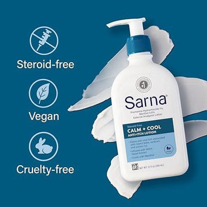 Sarna Calm and Cool Anti-Juckreiz-Lotion – Lindert und beruhigt Juckreiz und Schmerzen durch Insektenstiche, Sonnenbrand, Giftefeu – mit 1% Pramoxin-Hydrochlorid, 0,5% Menthol – vegan, steroidfrei – 213 ml
