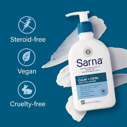 Sarna Calm and Cool Anti-Juckreiz-Lotion – Lindert und beruhigt Juckreiz und Schmerzen durch Insektenstiche, Sonnenbrand, Giftefeu – mit 1% Pramoxin-Hydrochlorid, 0,5% Menthol – vegan, steroidfrei – 213 ml