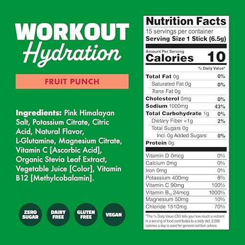 Waterboy Workout Hydration | 2.960 mg Zuckerfreie Elektrolyt-Pulver-Päckchen | L-Glutamin + Vitamine | Ohne Zucker, Natürlich, Glutenfrei | 15 Trinkmischungen (Fruchtpunsch)