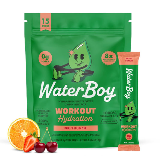 Waterboy Workout Hydration | 2.960 mg Zuckerfreie Elektrolyt-Pulver-Päckchen | L-Glutamin + Vitamine | Ohne Zucker, Natürlich, Glutenfrei | 15 Trinkmischungen (Fruchtpunsch)