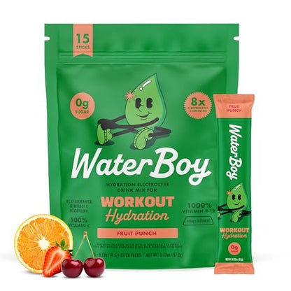 Waterboy Workout Hydration | 2.960 mg Zuckerfreie Elektrolyt-Pulver-Päckchen | L-Glutamin + Vitamine | Ohne Zucker, Natürlich, Glutenfrei | 15 Trinkmischungen (Fruchtpunsch)