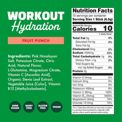 Waterboy Workout Hydration | 2.960 mg Zuckerfreie Elektrolyt-Pulver-Päckchen | L-Glutamin + Vitamine | Ohne Zucker, Natürlich, Glutenfrei | 15 Trinkmischungen (Fruchtpunsch)