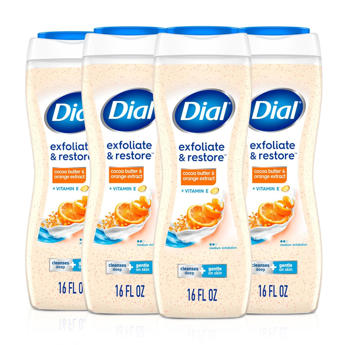 Dial Körperwäsche Peeling & Pflege mit Kakaobutter und Orangen-Extrakt, 16 Fl Oz (4er-Pack), mit Vitamin E, sanft, pflegt die Haut, dermatologisch getestet, ohne Parabene und Sulfate