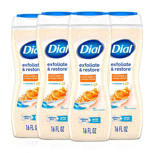 Dial Körperwäsche Peeling & Pflege mit Kakaobutter und Orangen-Extrakt, 16 Fl Oz (4er-Pack), mit Vitamin E, sanft, pflegt die Haut, dermatologisch getestet, ohne Parabene und Sulfate