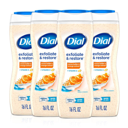 Dial Körperwäsche Peeling & Pflege mit Kakaobutter und Orangen-Extrakt, 16 Fl Oz (4er-Pack), mit Vitamin E, sanft, pflegt die Haut, dermatologisch getestet, ohne Parabene und Sulfate