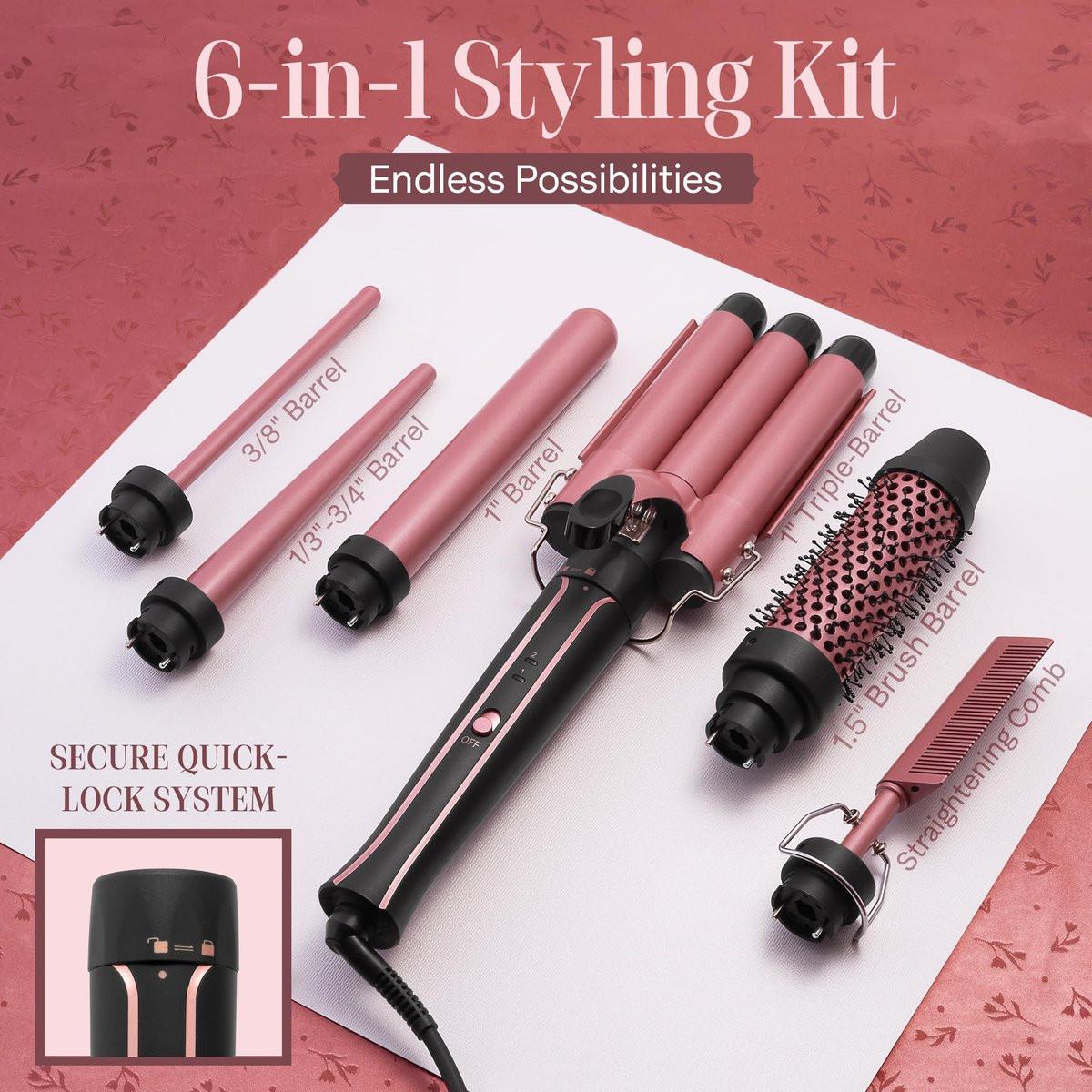 Asani 6-in-1 Lockenstab Set - Multifunktionaler Haarcurler mit 3-in-1 Barrel, Crimper, Tapered & Spiral Lockenstab - Schnell aufheizender Reise-Hairstyler für Frauen mit Dual Voltage (110-240V AC)