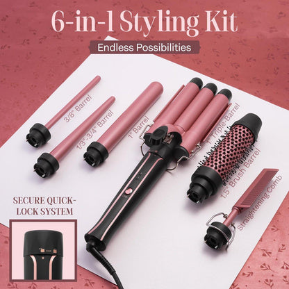 Asani 6-in-1 Lockenstab Set - Multifunktionaler Haarcurler mit 3-in-1 Barrel, Crimper, Tapered & Spiral Lockenstab - Schnell aufheizender Reise-Hairstyler für Frauen mit Dual Voltage (110-240V AC)