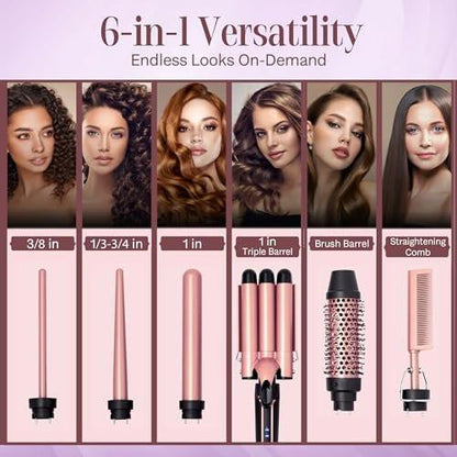 Asani 6-in-1 Lockenstab Set - Multifunktionaler Haarcurler mit 3-in-1 Barrel, Crimper, Tapered & Spiral Lockenstab - Schnell aufheizender Reise-Hairstyler für Frauen mit Dual Voltage (110-240V AC)