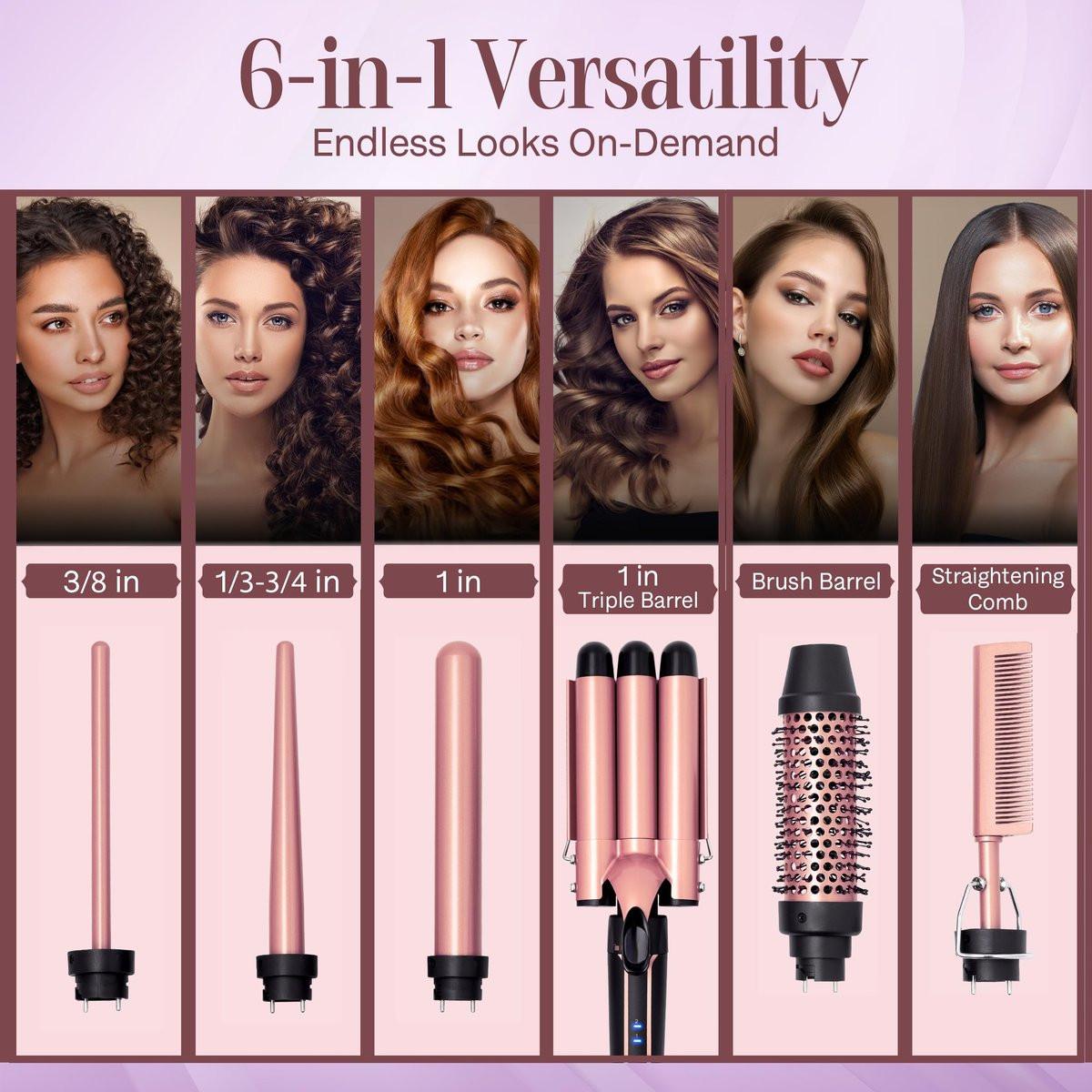 Asani 6-in-1 Lockenstab Set - Multifunktionaler Haarcurler mit 3-in-1 Barrel, Crimper, Tapered & Spiral Lockenstab - Schnell aufheizender Reise-Hairstyler für Frauen mit Dual Voltage (110-240V AC)