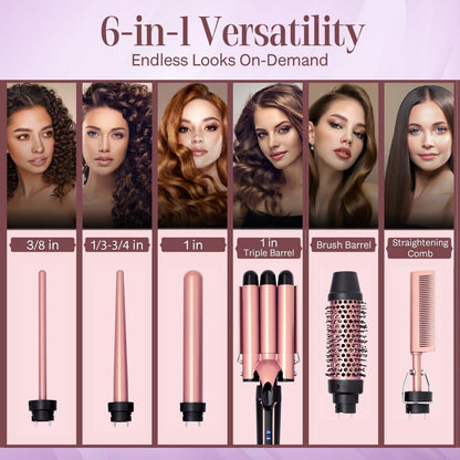 Asani 6-in-1 Lockenstab Set - Multifunktionaler Haarcurler mit 3-in-1 Barrel, Crimper, Tapered & Spiral Lockenstab - Schnell aufheizender Reise-Hairstyler für Frauen mit Dual Voltage (110-240V AC)