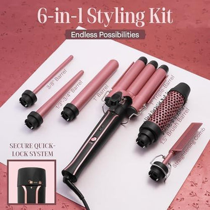 Asani 6-in-1 Lockenstab Set - Multifunktionaler Haarcurler mit 3-in-1 Barrel, Crimper, Tapered & Spiral Lockenstab - Schnell aufheizender Reise-Hairstyler für Frauen mit Dual Voltage (110-240V AC)