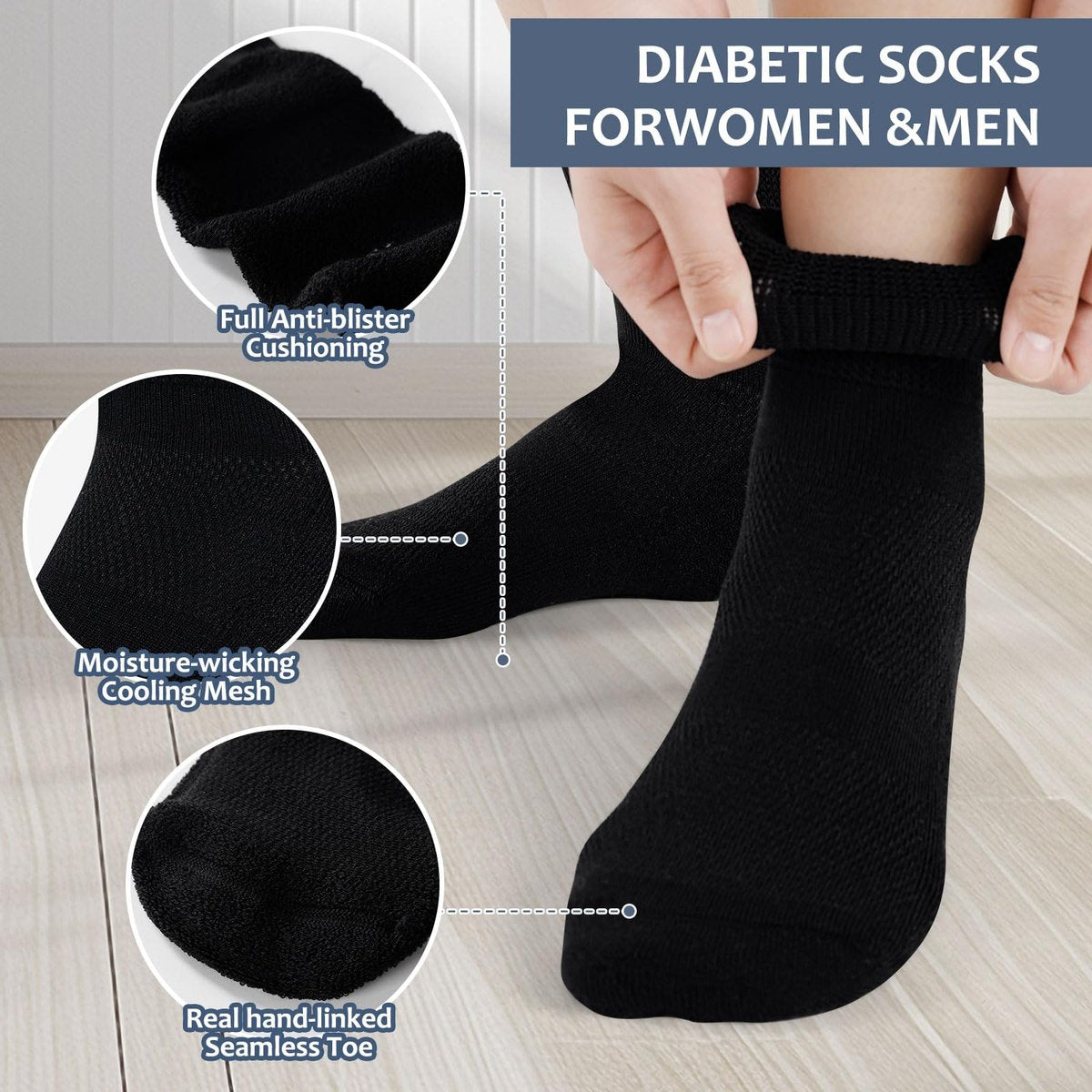 Bulinlulu Diabetikersocken für Damen und Herren, 6 Paar, nicht einschnürend, Knöchelsocken, Größe 9-12/10-13 (Schwarz, Large)