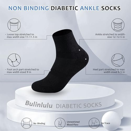 Bulinlulu Diabetikersocken für Damen und Herren, 6 Paar, nicht einschnürend, Knöchelsocken, Größe 9-12/10-13 (Schwarz, Large)