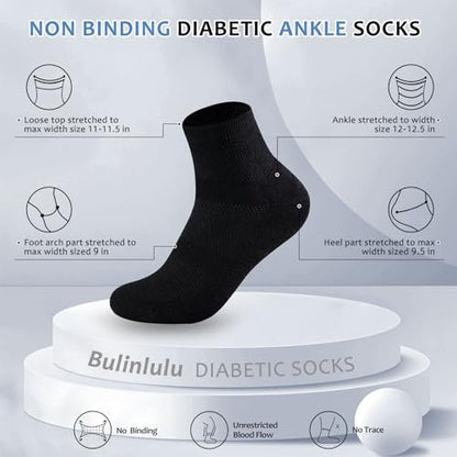 Bulinlulu Diabetikersocken für Damen und Herren, 6 Paar, nicht einschnürend, Knöchelsocken, Größe 9-12/10-13 (Schwarz, Large)